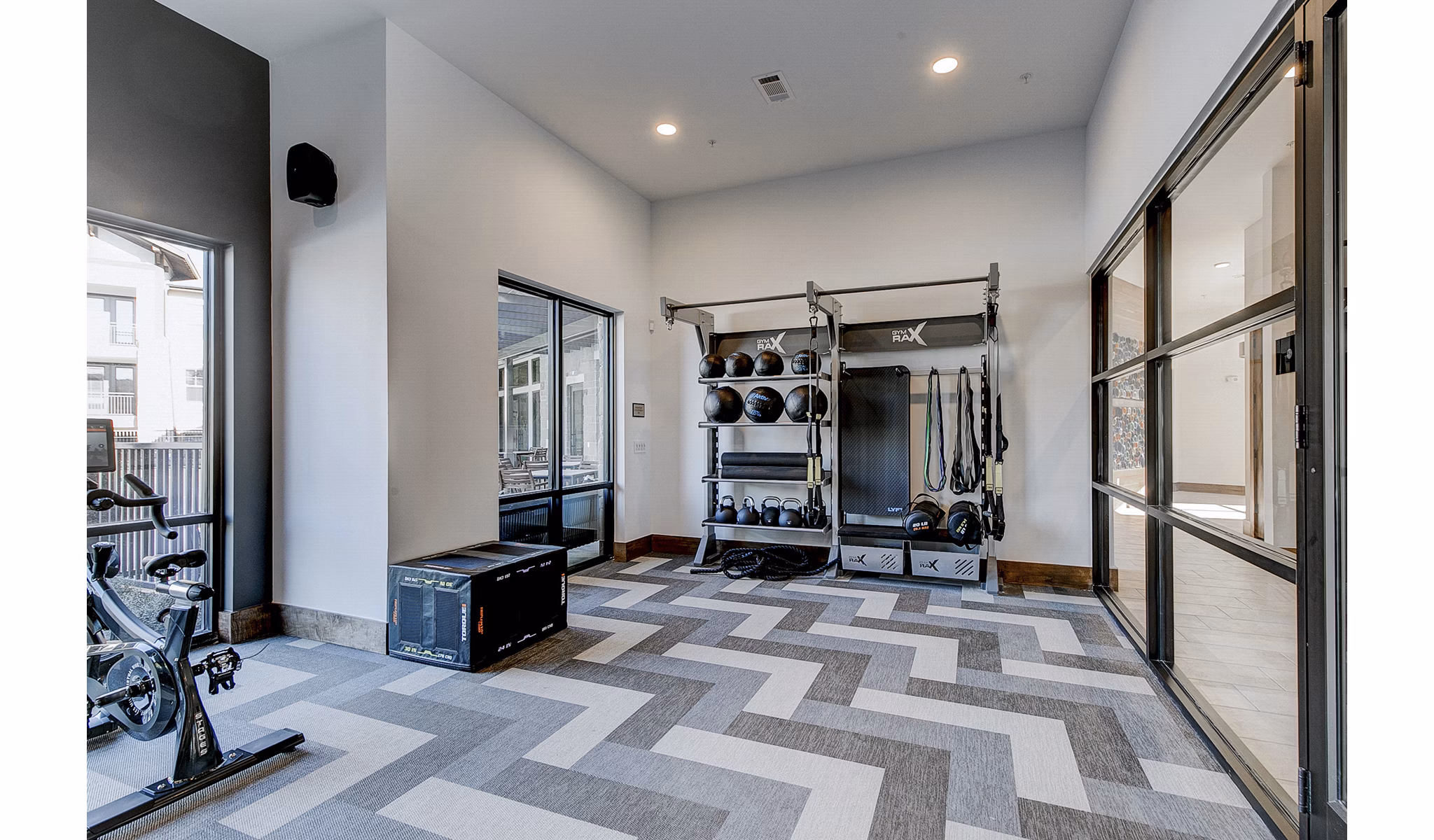 Modern fitness center with state-of-the-art equipment at The Preserve luxury apartments