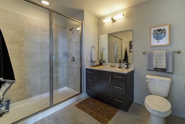 Elegant bathroom with modern fixtures at 511 Faye Apartments, offering luxury living by Greystar