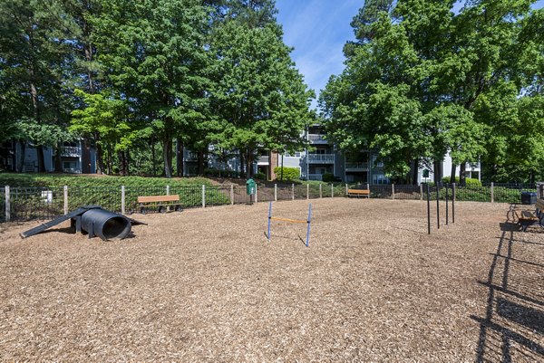 Off-leash dog park at Bridgeport Apartments featuring agility equipment and walking paths