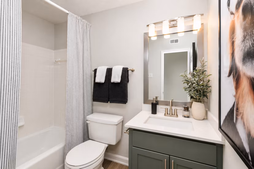 Luxurious bathroom with sleek fixtures and granite countertops at Avana Cumberland Apartments