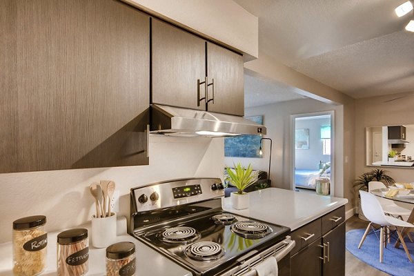 Tuscan Heights Apartments: Modern kitchen with stainless steel appliances and granite countertops