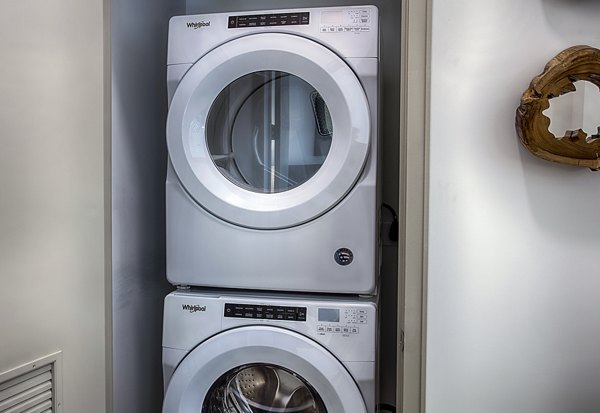 Laundry room with modern appliances at Raleigh at Sloans Lake Apartments, featuring energy-efficient washers and dryers