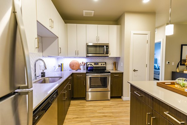 Modern kitchen with stainless steel appliances at The Tenzing Apartments