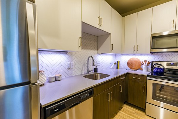 The Tenzing Apartments: Modern kitchen with sleek appliances and granite countertops