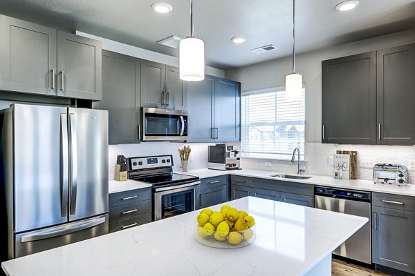 Modern kitchen featuring high-end appliances and granite countertops at The Tenzing Apartments, a luxury living community