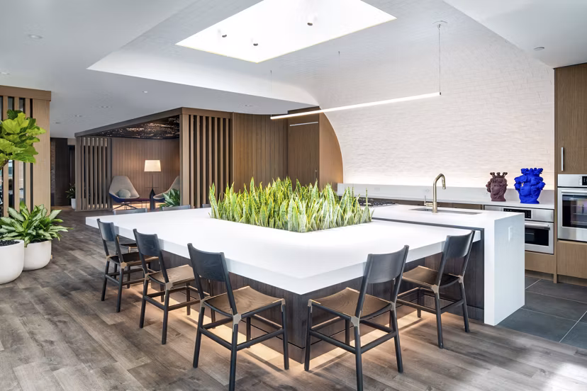 Clubhouse with modern decor and ample seating at Bower Apartments, offering a luxurious community space for residents