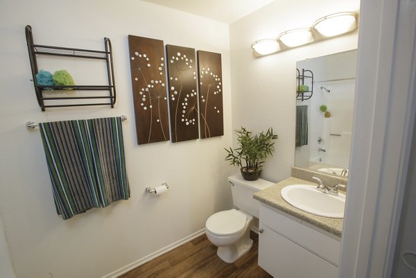 Modern bathroom featuring sleek fixtures at 777 Place Apartments, a Greystar luxury property