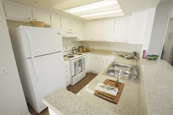 Modern kitchen with stainless steel appliances and granite countertops at 777 Place Apartments