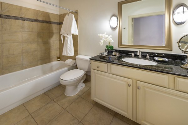 Bathroom with marble countertops and modern fixtures at The Museum Tower Apartments