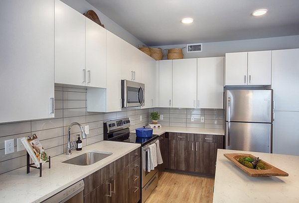Modern kitchen with stainless steel appliances and island at South Main Station Apartments in downtown