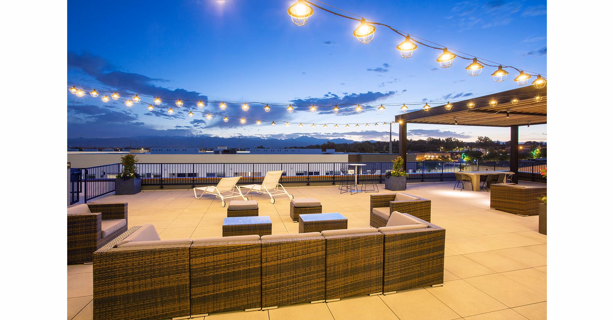 Rooftop deck at South Main Station Apartments: Scenic views and outdoor seating