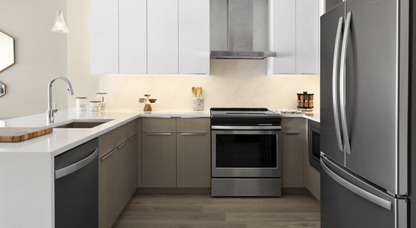 Modern kitchen featuring stainless steel appliances and granite countertops in Hamilton Cove Apartments