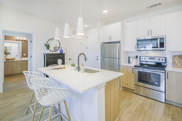 Modern kitchen with stainless steel appliances in The Penrose Apartments, luxury living spaces optimized for comfort and style