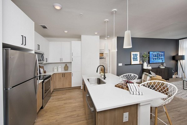 Modern kitchen with sleek countertops and stainless steel appliances in The Penrose Apartments