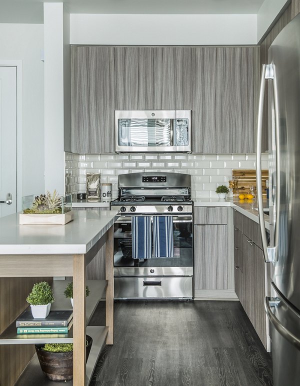 Modern kitchen with sleek countertops and stainless steel appliances at The Griffith Apartments