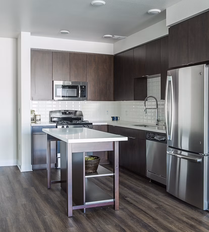 Modern kitchen with stainless steel appliances in The Griffith Apartments