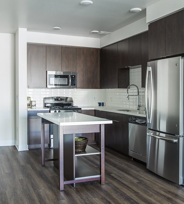 Modern kitchen with stainless steel appliances in The Griffith Apartments