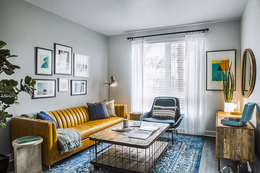 The Griffith Apartments: Modern living room with stylish furniture and natural light