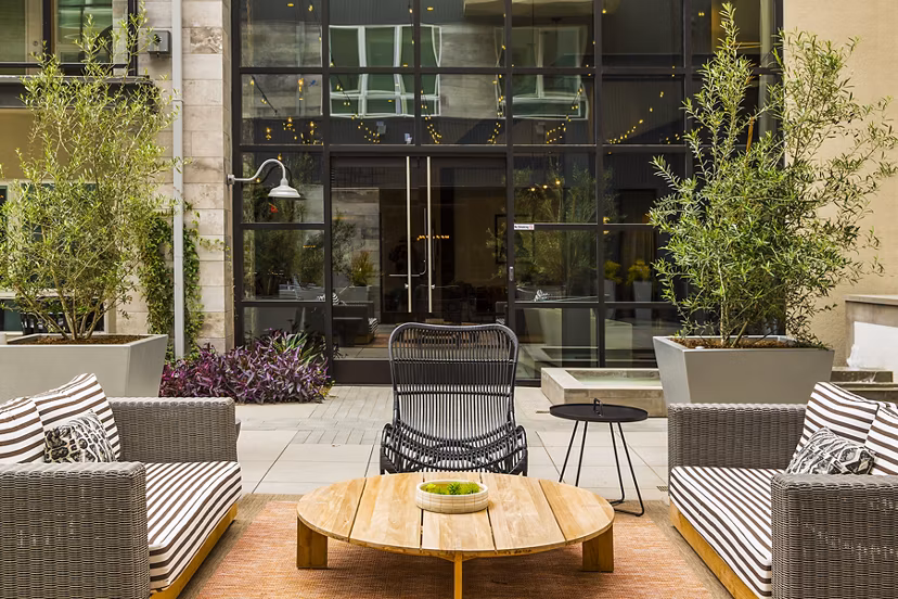 The Griffith Apartments: Serene courtyard with lush greenery and modern seating, ideal for relaxation