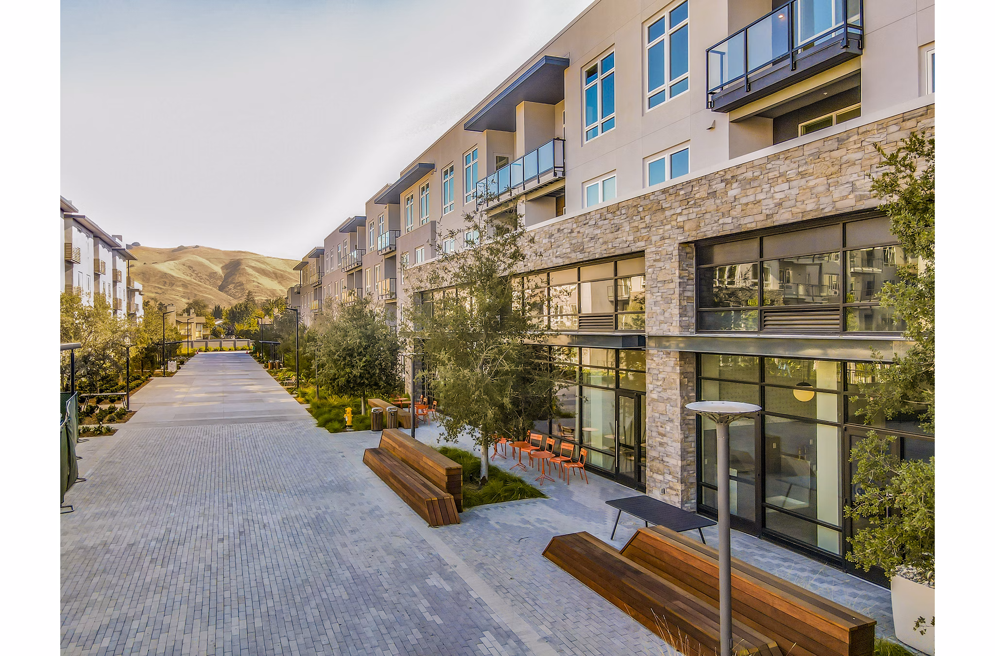Modern luxury apartment complex with a landscaped courtyard and paved walkway