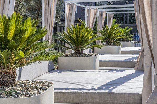 Spacious pool patio with lounge seating at The Asher Apartments offering luxury outdoor amenities in an elegant setting