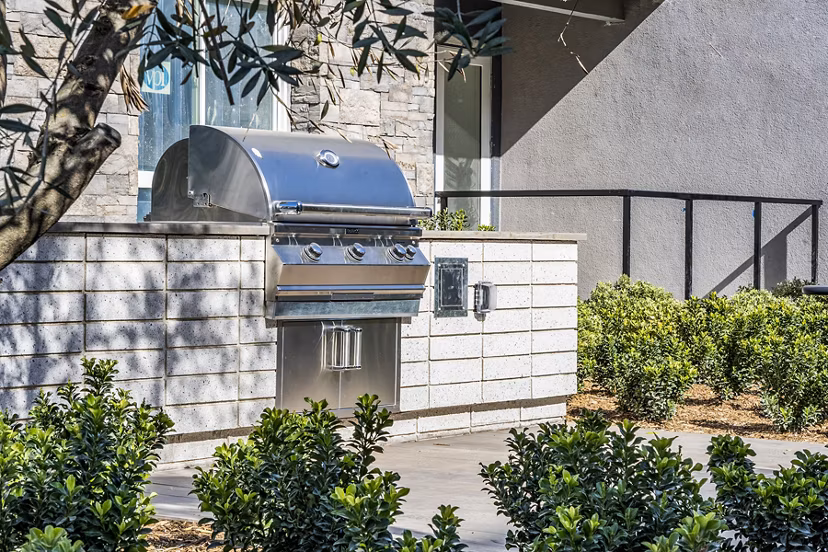 Outdoor grill area surrounded by lush greenery at The Asher Apartments