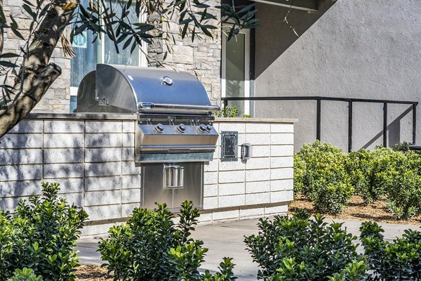 Outdoor grill area surrounded by lush greenery at The Asher Apartments
