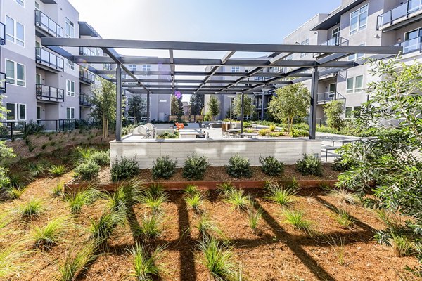 Grill area with modern barbecue stations at The Asher Apartments' luxury outdoor kitchen