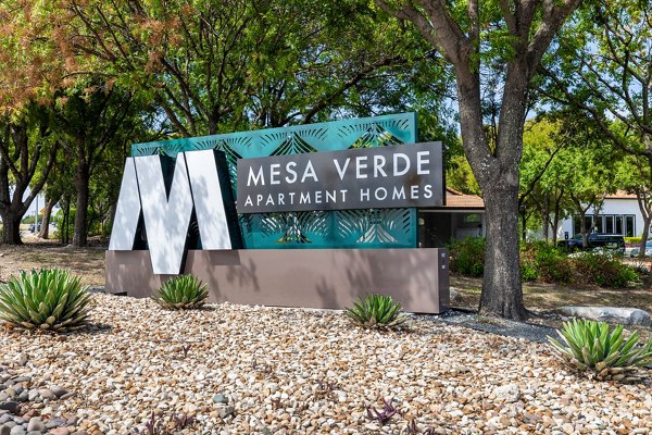 Signage at Mesa Verde Apartments: Modern entrance sign showcasing luxury living at this premier property