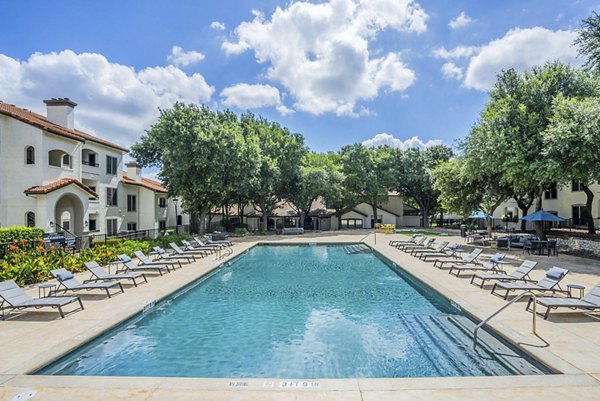 Beautifully landscaped pool at Mesa Verde Apartments offering relaxation and leisure amenities for luxury living