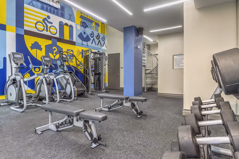 State-of-the-art fitness center with modern equipment at Bainbridge South End Apartments