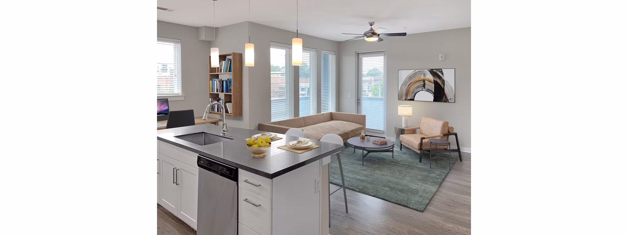 Spacious living room with modern decor in Maddox South End Apartments