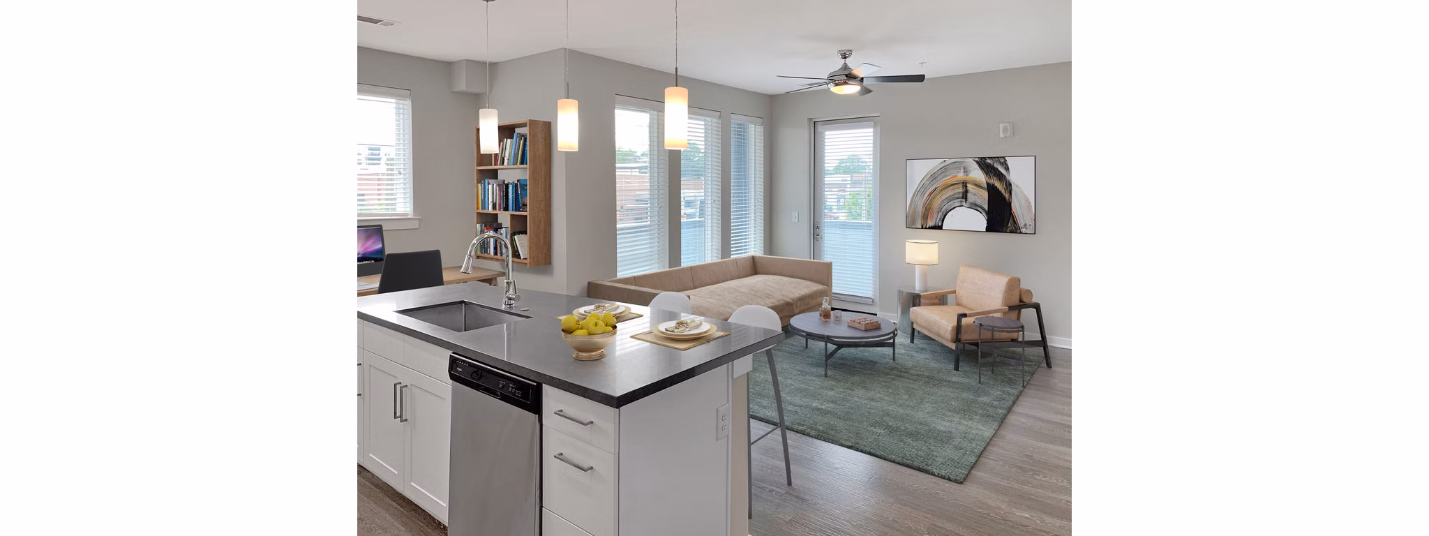 Spacious living room with modern decor in Maddox South End Apartments