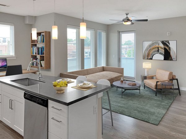 Spacious living room with modern decor in Maddox South End Apartments