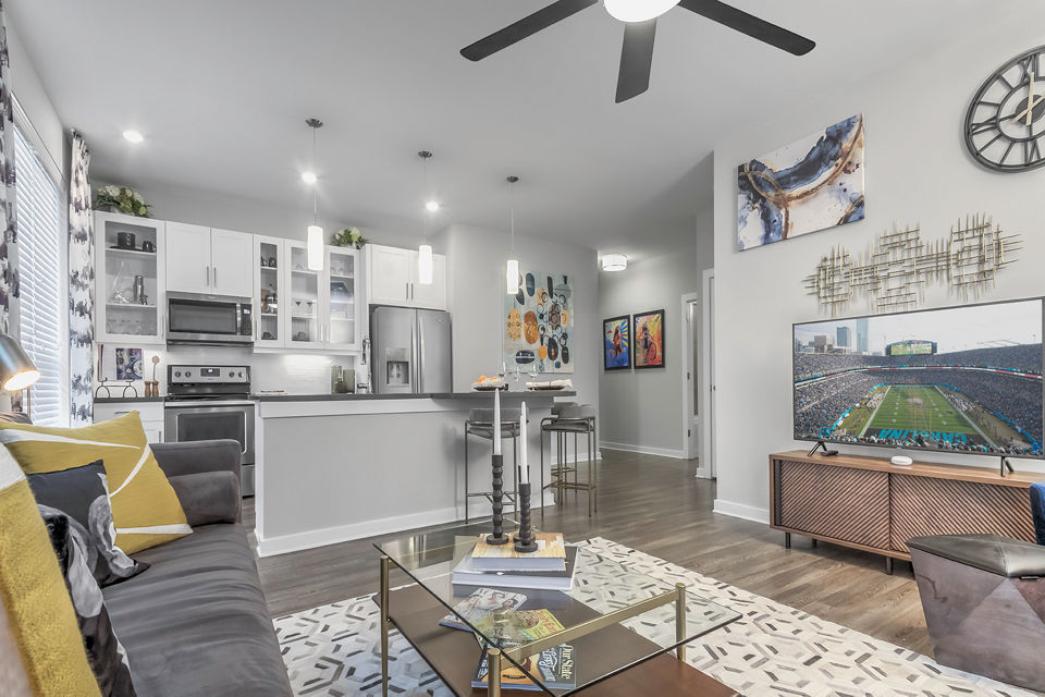 Spacious living room with modern furnishings at Bainbridge South End Apartments