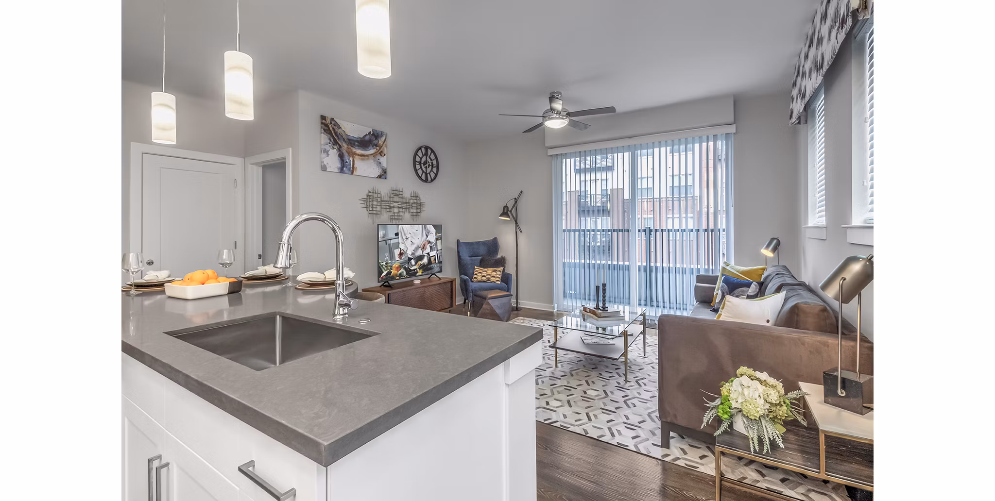 Spacious living room with stylish decor at Bainbridge South End Apartments