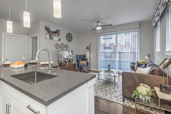 Spacious living room with stylish decor at Bainbridge South End Apartments