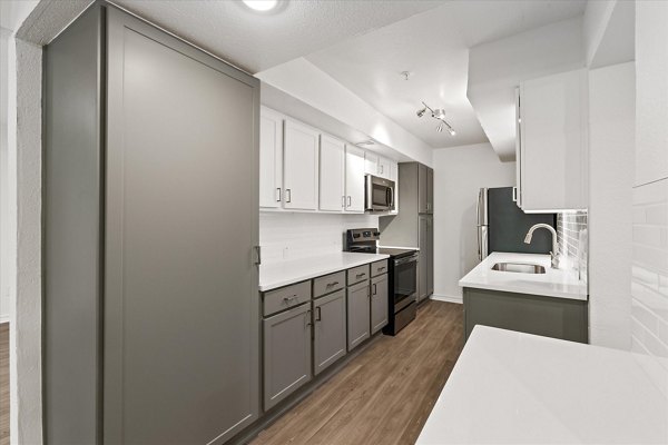 Contemporary kitchen with stainless steel appliances in The Haven Apartments