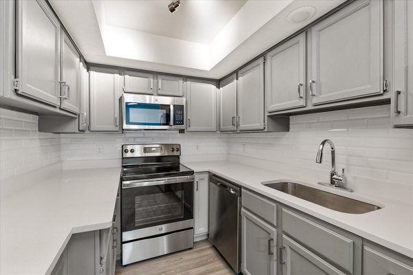 Modern kitchen with stainless steel appliances at The Haven Apartments featuring contemporary design and spacious layout