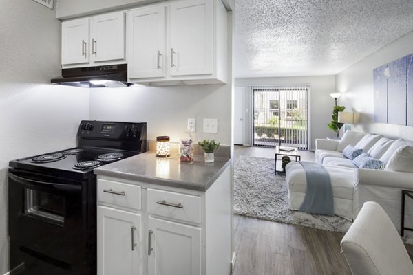 Contemporary kitchen with sleek countertops and stainless steel appliances at Woodland Trails Apartments