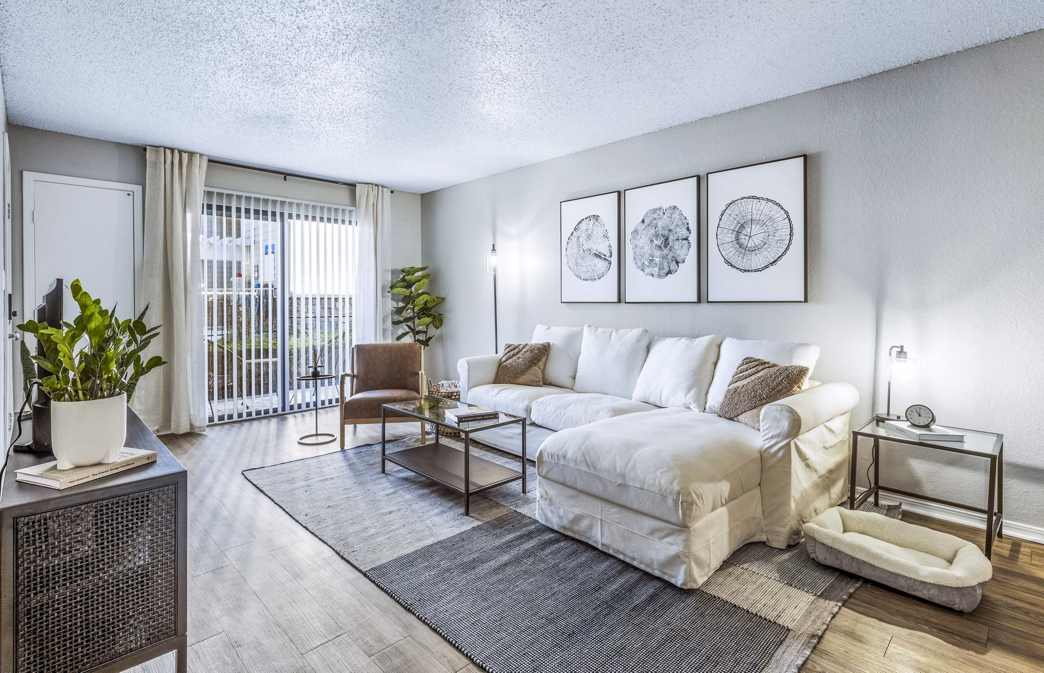 Spacious living room with modern decor at Woodland Trails Apartments