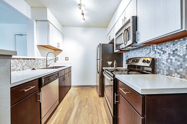 Contemporary kitchen with stainless steel appliances in Greenwood Point Apartments