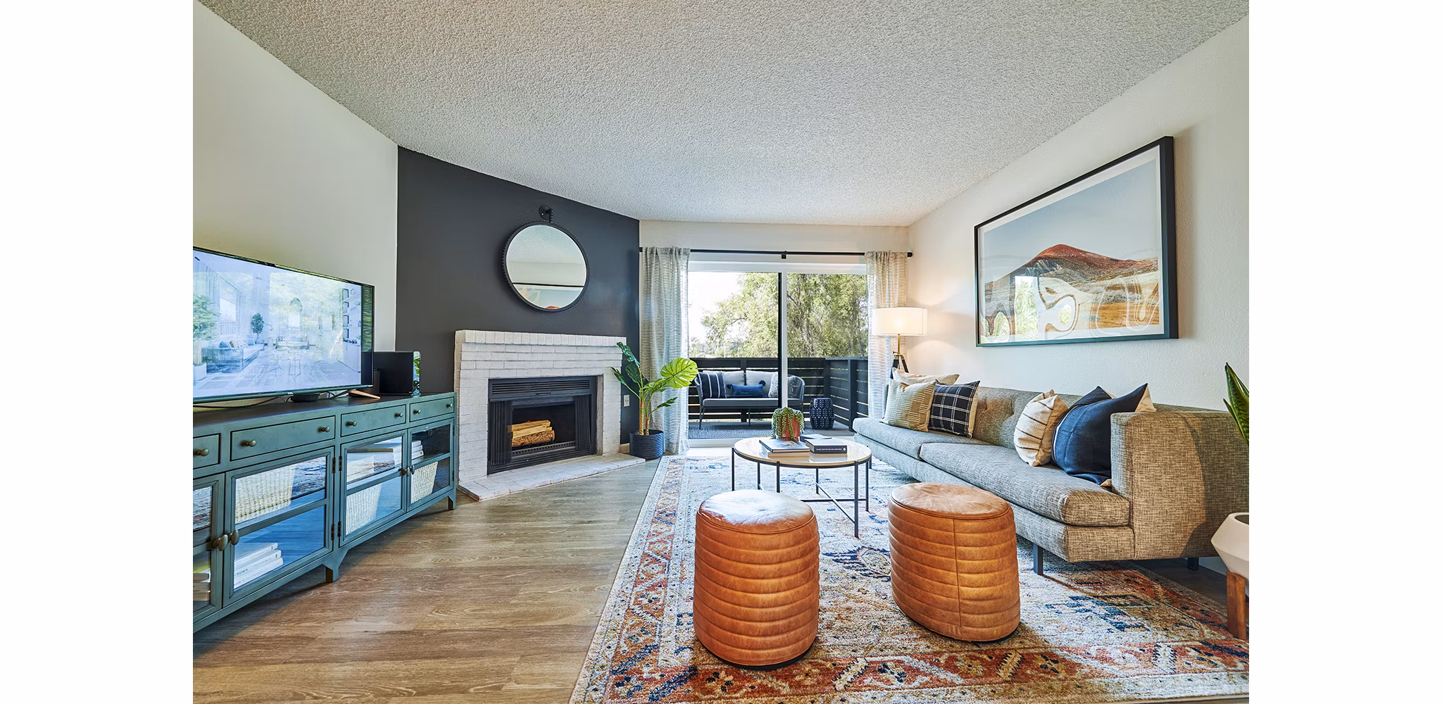 Cozy living room with modern decor at Greenwood Point Apartments