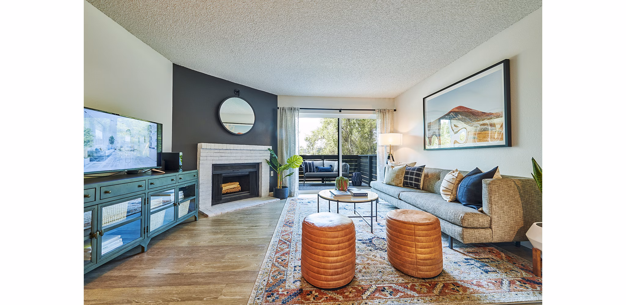 Cozy living room with modern decor at Greenwood Point Apartments