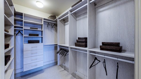 Walk-in closet with custom shelving in The Olivian Apartments