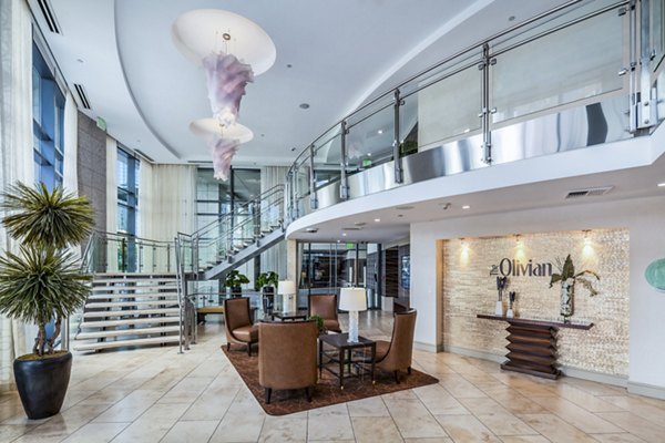 Front lobby with elegant decor and seating area in The Olivian Apartments, Seattle