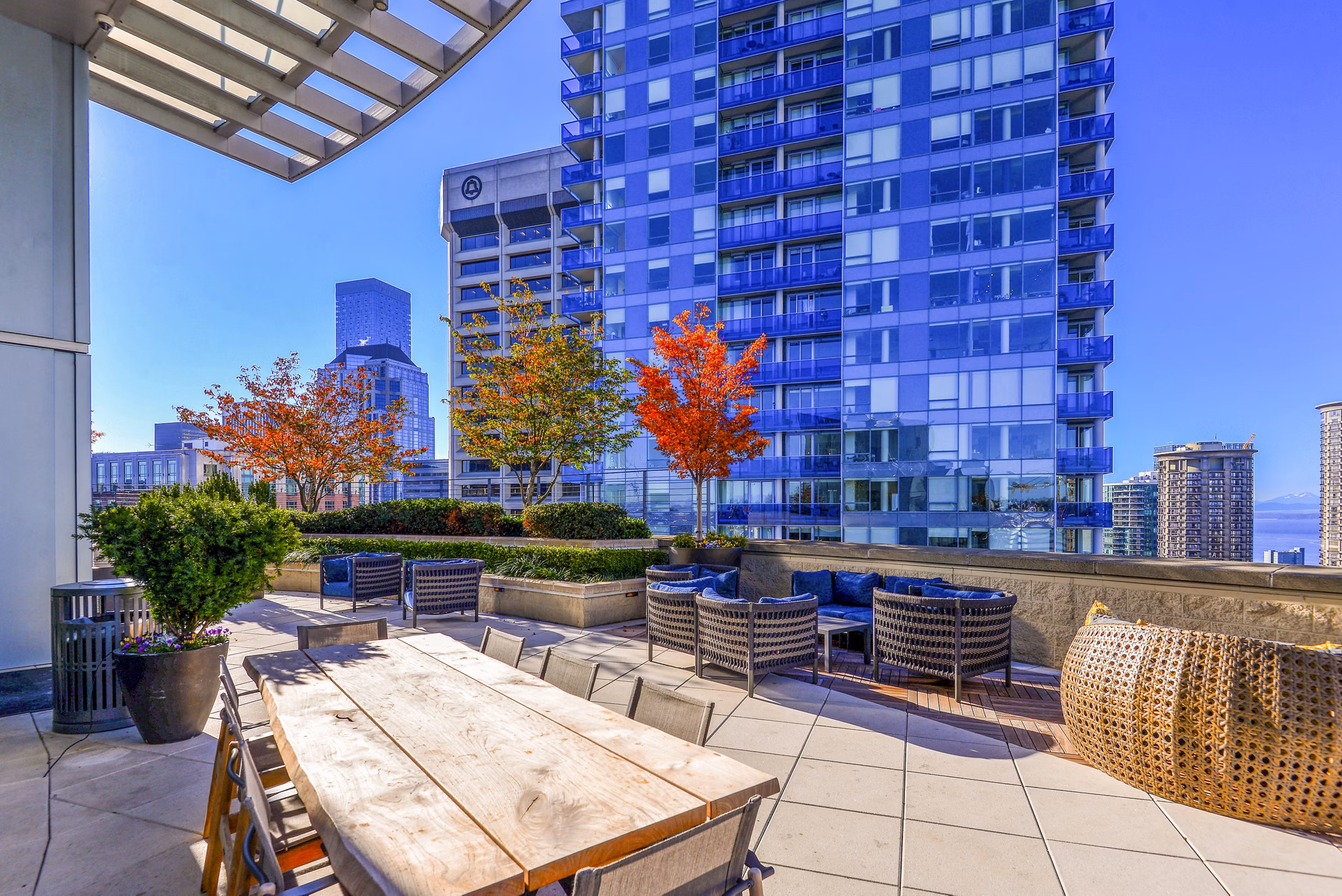 Elegant outdoor patio with city view at The Olivian Apartments, offering luxury living spaces in vibrant urban setting