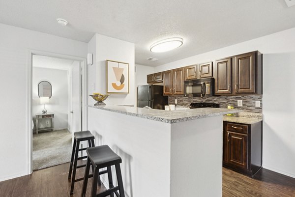 Modern kitchen with stainless steel appliances at Townlake of Coppell Apartments
