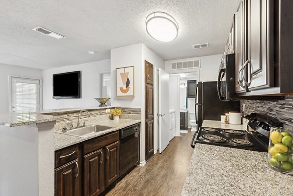 Modern kitchen with stainless steel appliances at Townlake of Coppell Apartments