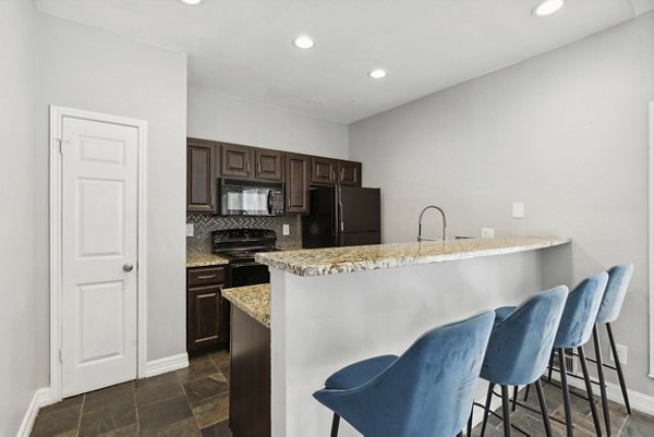 Modern kitchen with stainless steel appliances and granite countertops at Townlake of Coppell Apartments